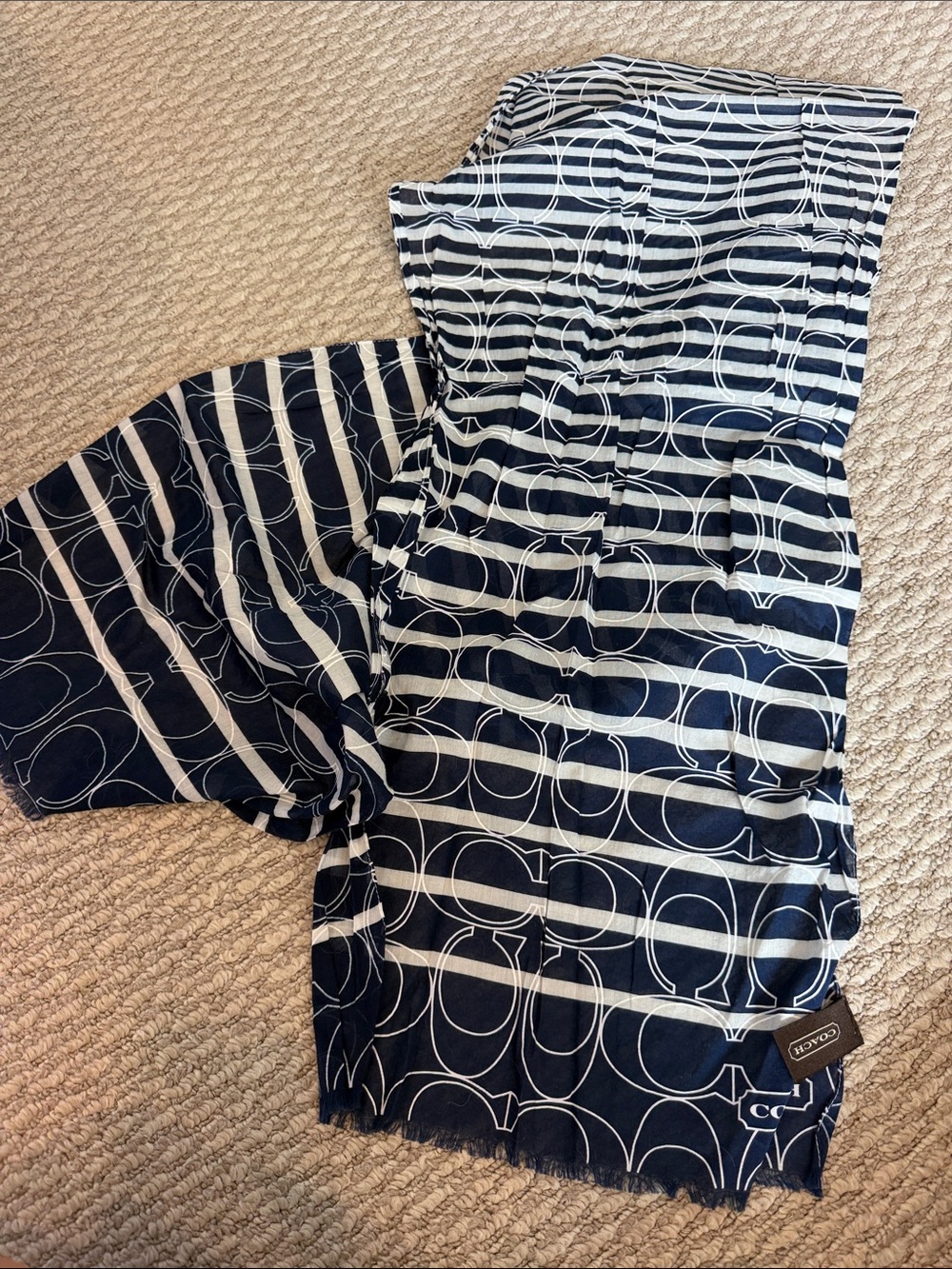Coach Navy and White Logo Stripe Scarf with Branded Tag